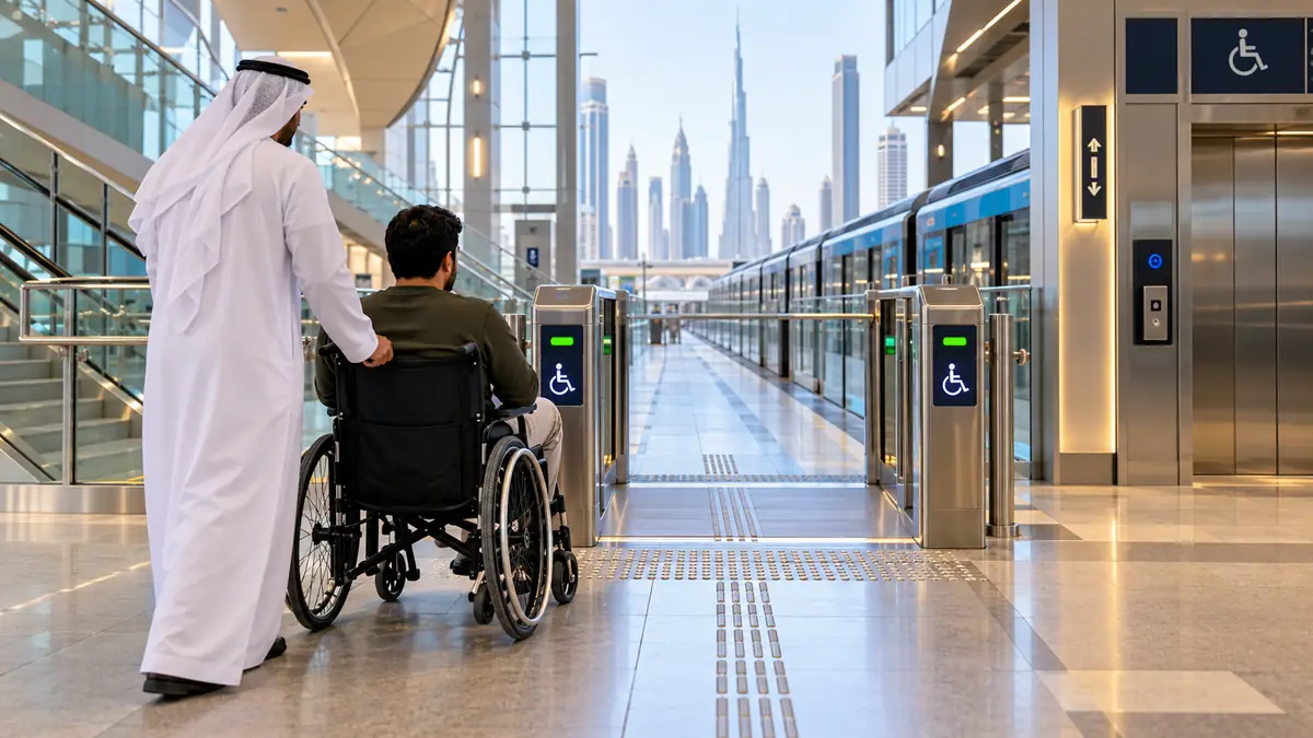 Wheelchair user and companion approaching an accessible gate in a modern Dubai Metro station