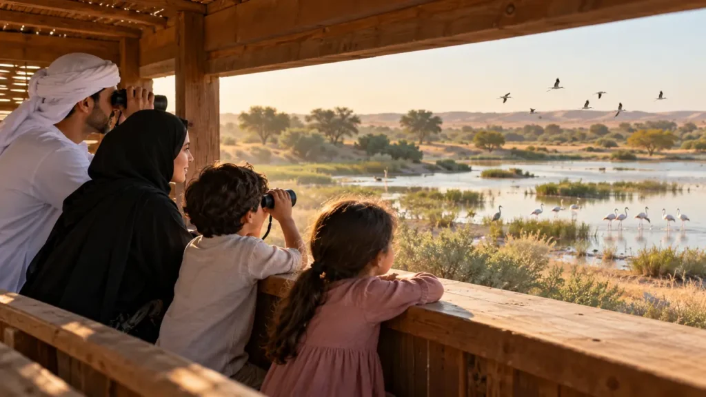 Family quietly watching birds from a shaded hide at Al Marmoom in Dubai