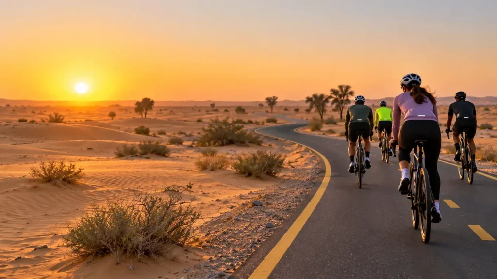 Cyclists wearing helmets on Al Qudra Cycle Track in the Dubai desert at sunrise