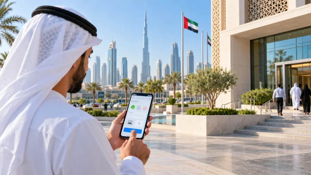 Dubai resident submitting feedback on a smartphone outside a government service building
