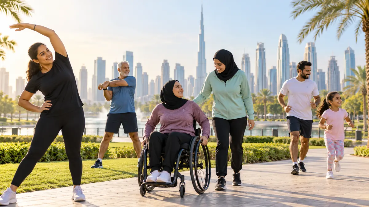 Diverse Dubai residents including a wheelchair user exercising together in a public park