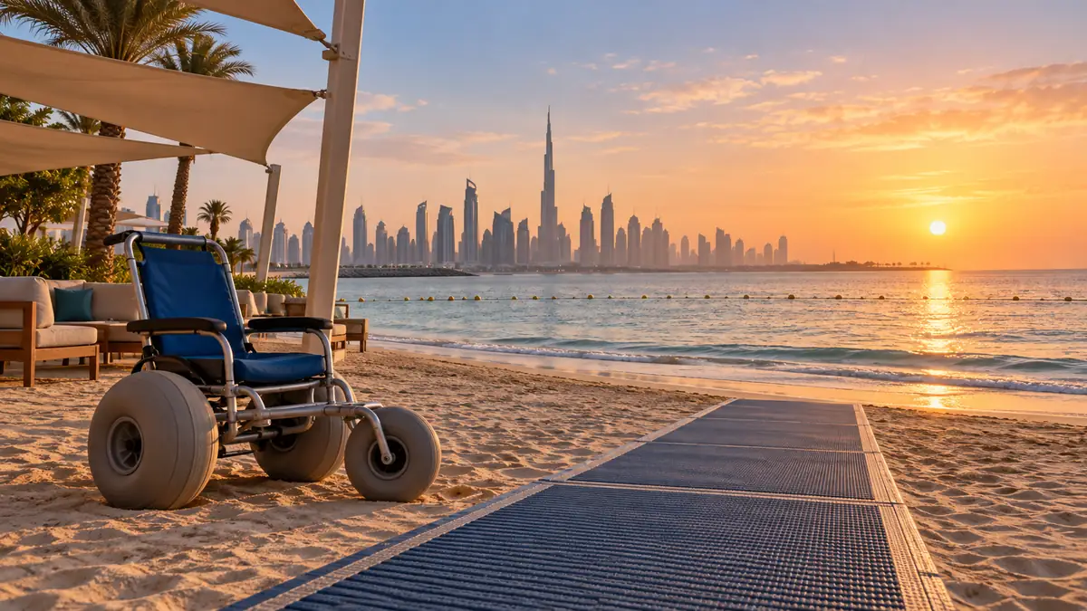 Accessible beach wheelchair beside a firm access mat on a Dubai public beach at sunrise