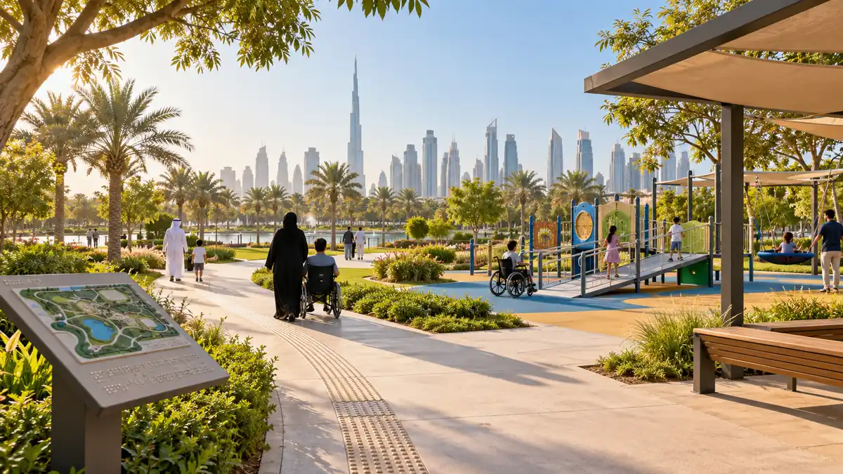 Wheelchair-friendly path and inclusive playground in a landscaped Dubai public park