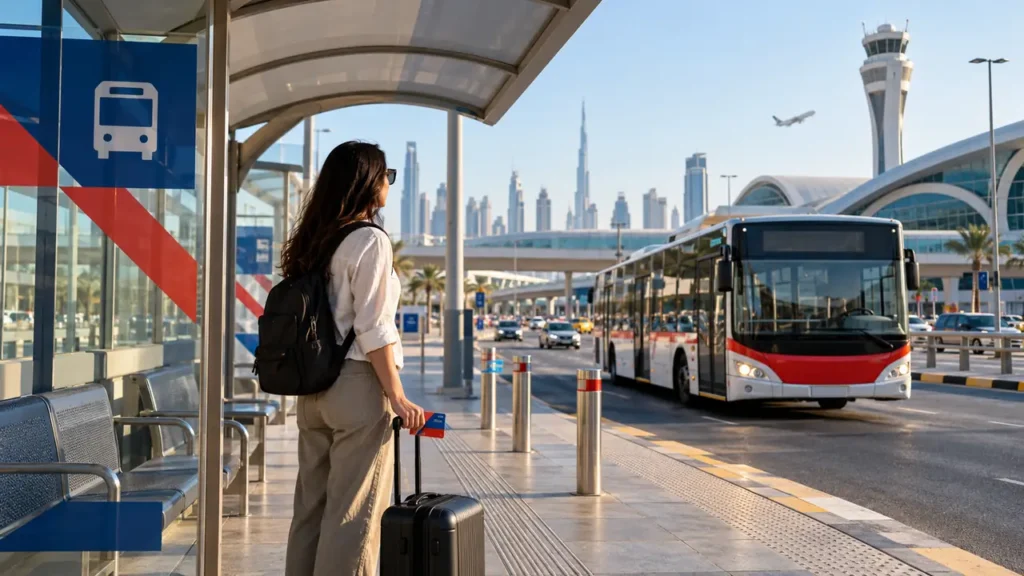 Traveller with a suitcase waiting for a public bus outside Dubai International Airport