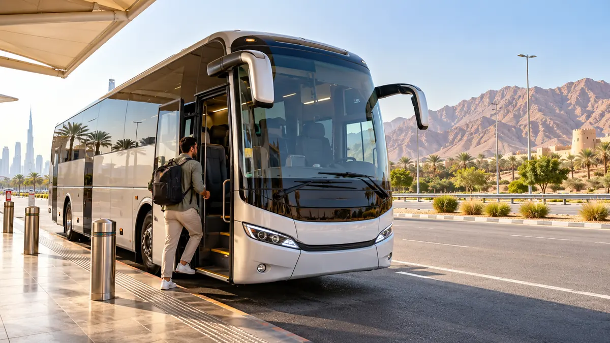 Traveller boarding a modern intercity coach for a Dubai to Al Ain journey