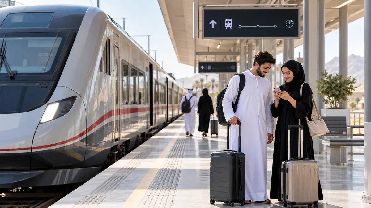 Travellers checking a journey plan beside a modern passenger train at a UAE rail station