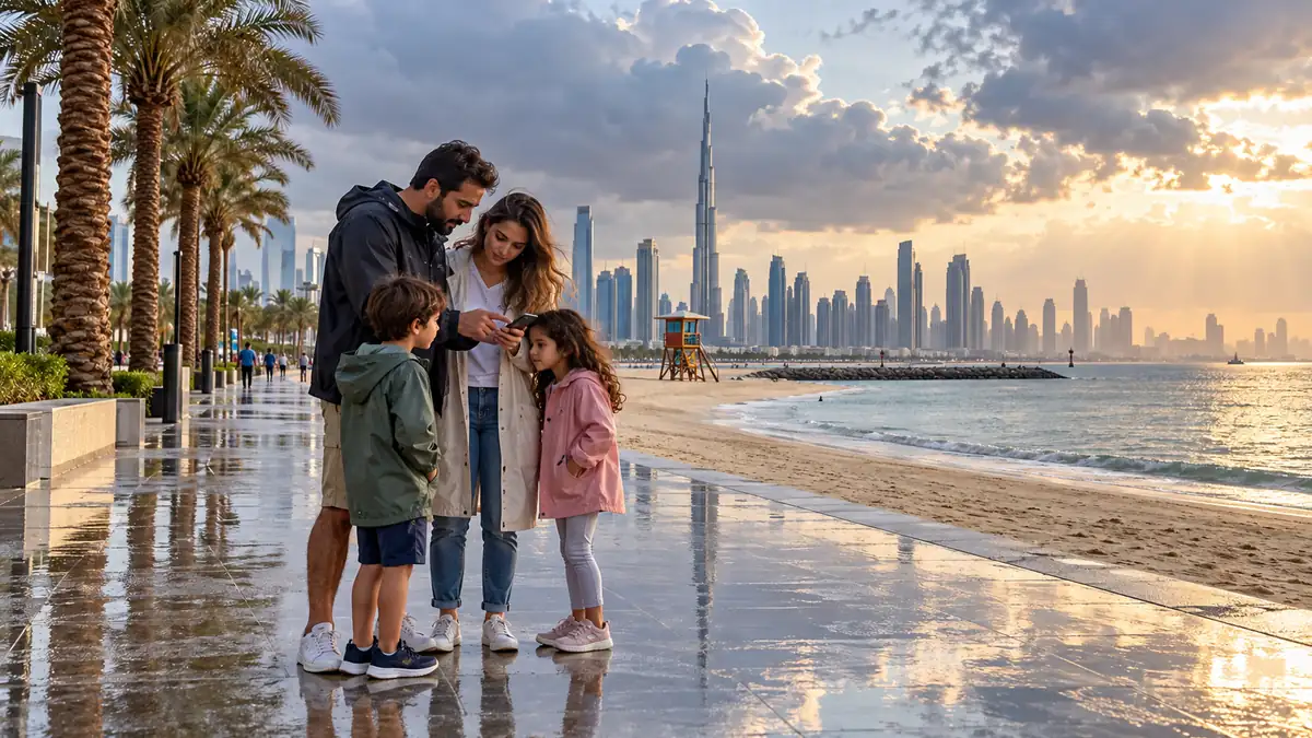 Family checking a weather alert beside a wet Dubai beach promenade after rain