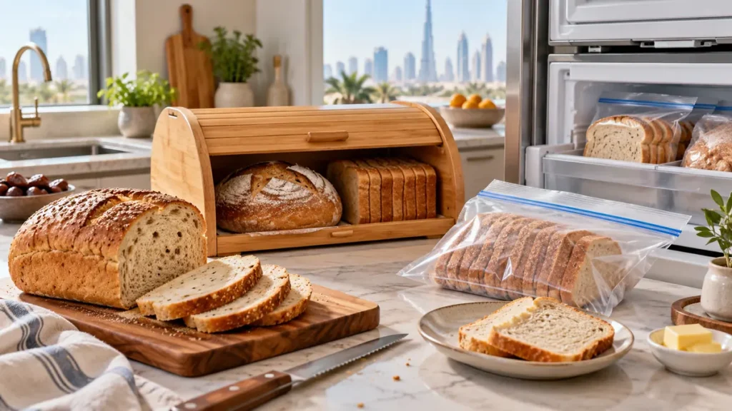 Fresh bread stored in a bread box and freezer bags in a bright Dubai home kitchen