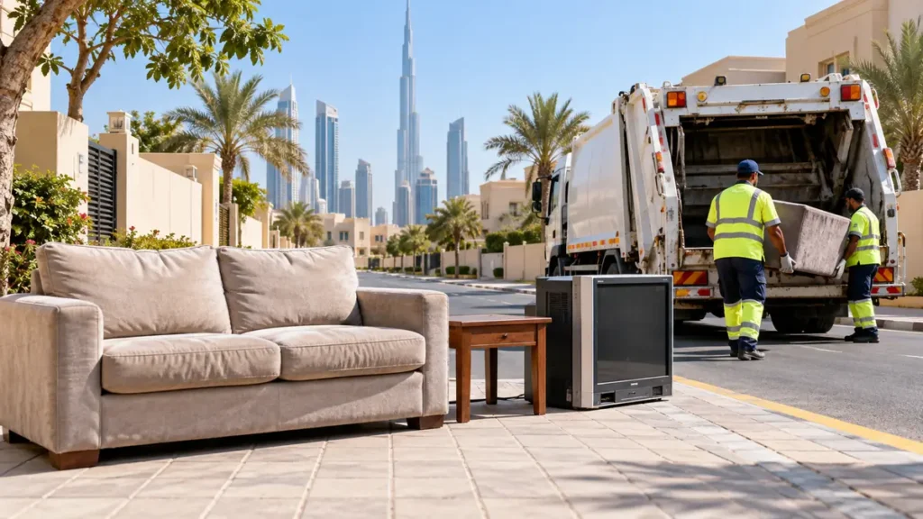 Authorised collection crew loading unwanted furniture and an old appliance in a Dubai neighbourhood