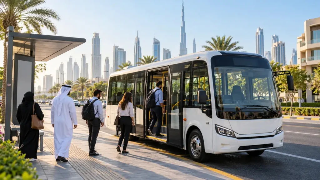 Passengers boarding a compact on-demand public bus at a neighbourhood stop in Dubai