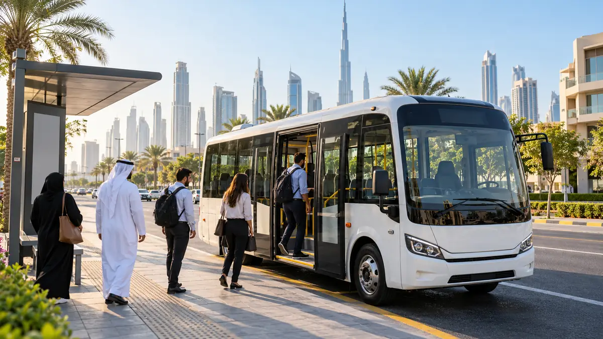 Passengers boarding a compact on-demand public bus at a neighbourhood stop in Dubai
