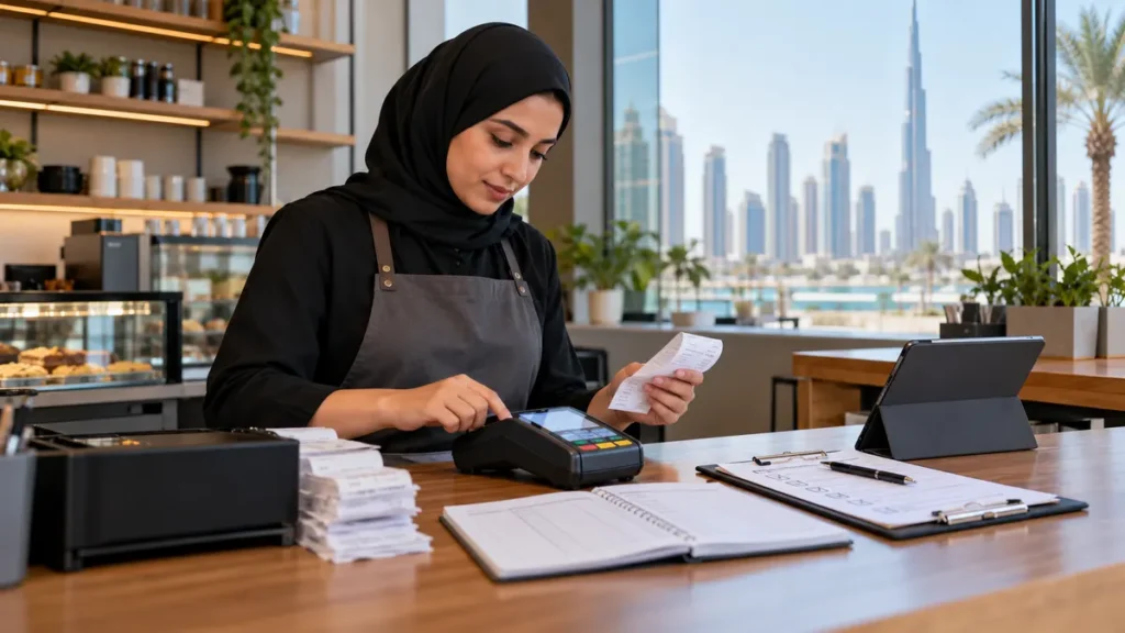 Dubai small business owner checking a card terminal, digital receipt and payment records