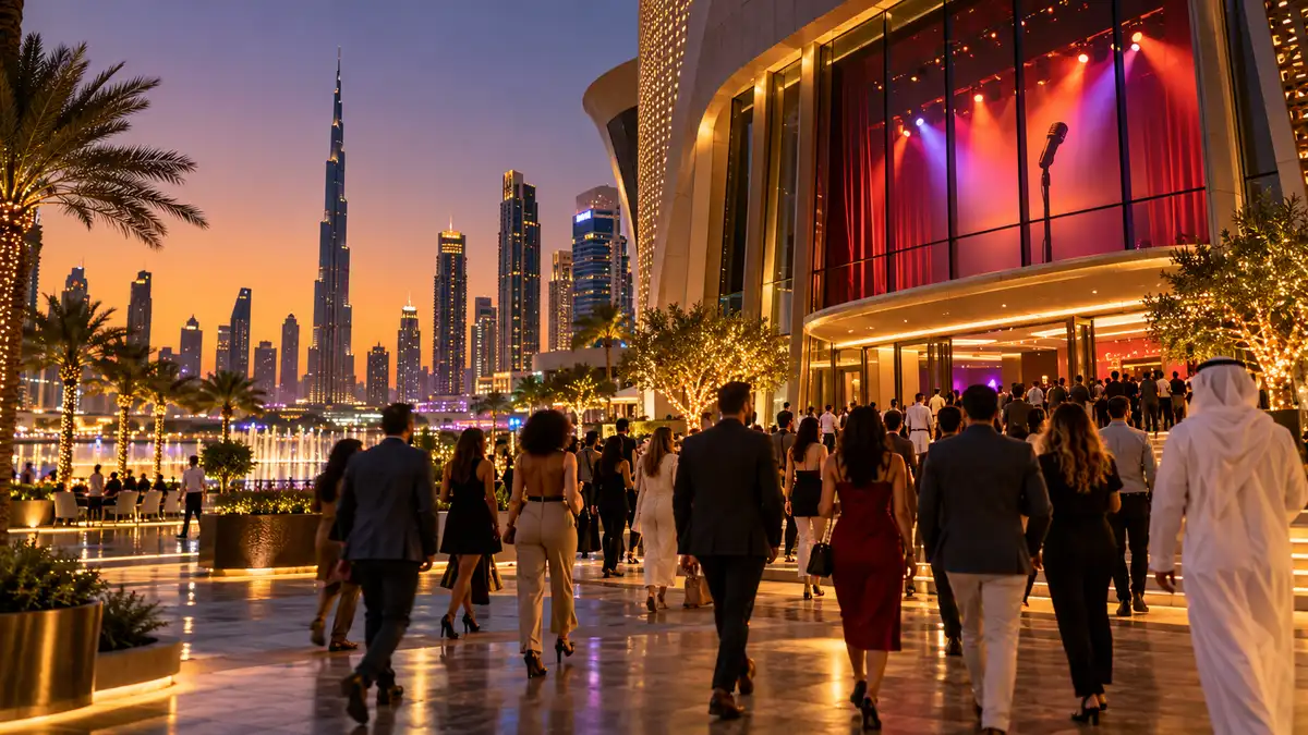 Audience arriving at a Dubai theatre for a comedy performance during the 2026 festival