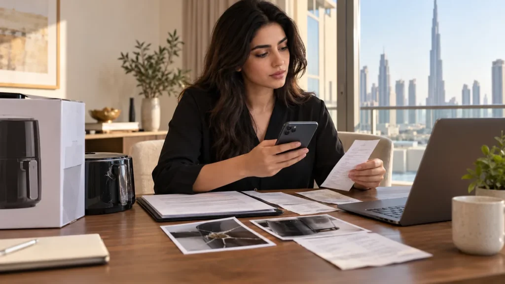 Dubai resident organising receipts, contract and product photos for an online consumer complaint