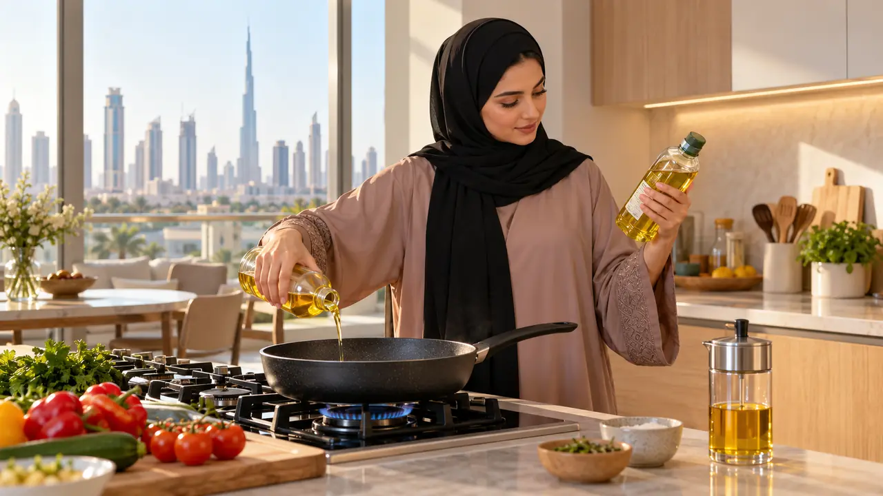 Dubai resident checking a cooking oil label while preparing food safely in a clean home kitchen