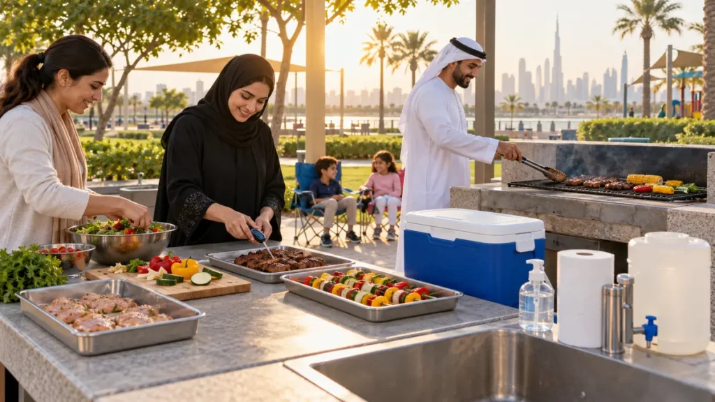 Family preparing raw and cooked food separately beside a barbecue in a Dubai public park