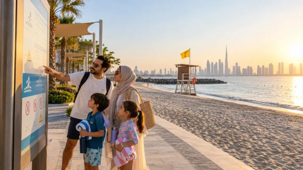 Family checking a safety flag and lifeguard station before swimming at a Dubai public beach