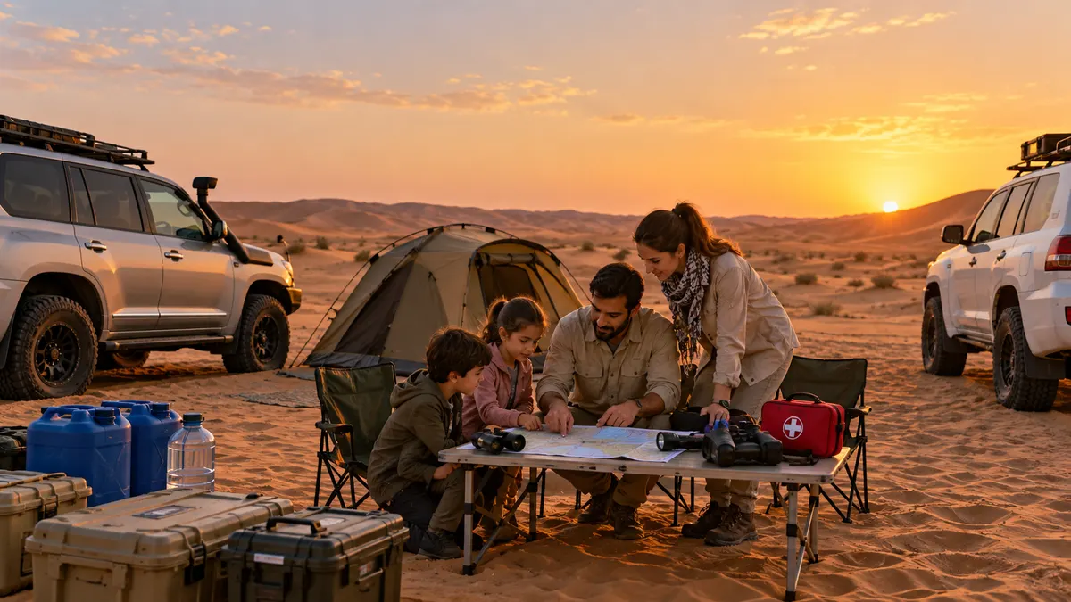 Family checking maps and safety equipment beside two four-wheel-drive vehicles at a Dubai desert campsite