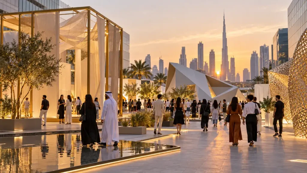 Visitors exploring contemporary outdoor design installations in Dubai Design District at sunset