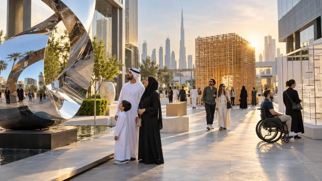 Visitors viewing outdoor design installations at Dubai Design District during golden hour