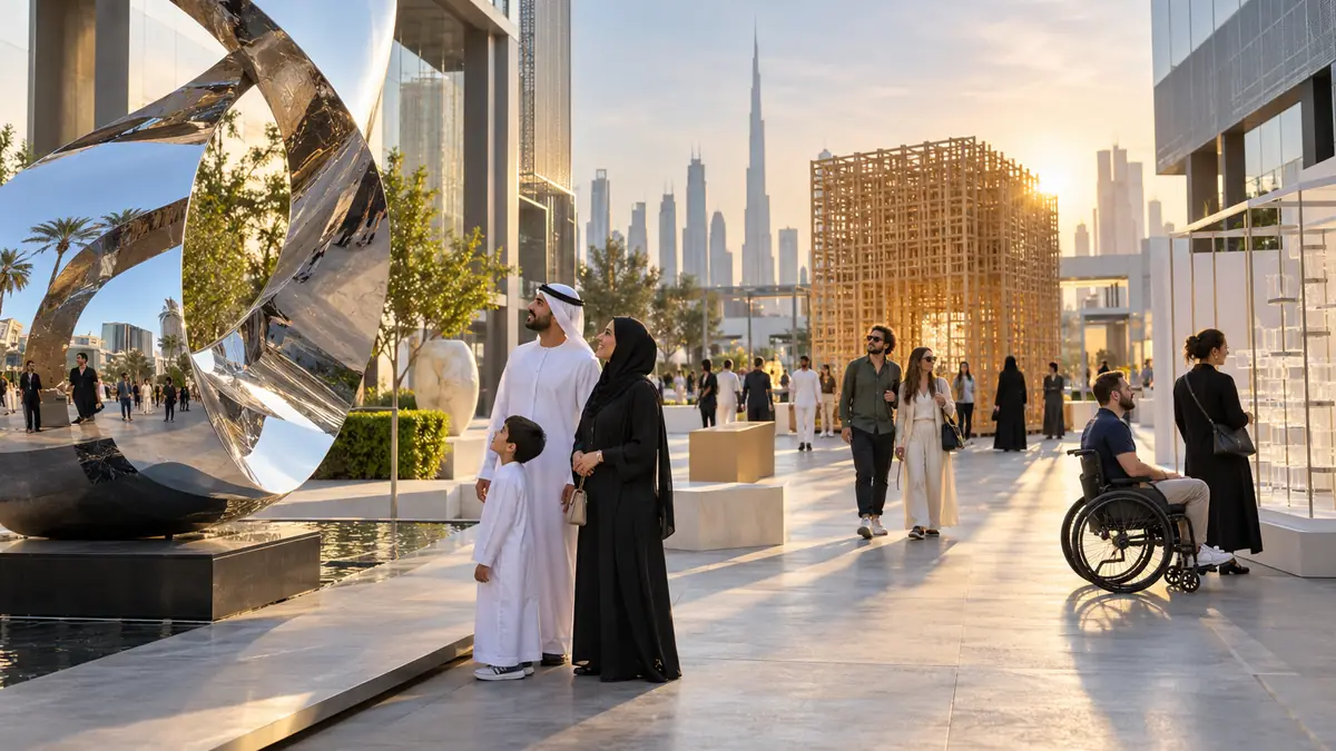 Visitors viewing outdoor design installations at Dubai Design District during golden hour