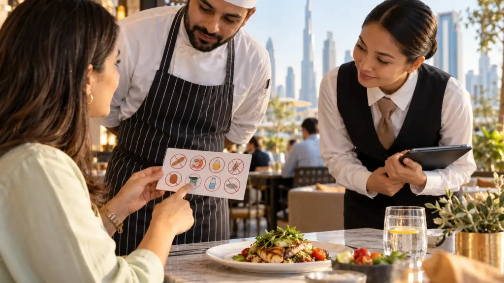 Diner discussing a food allergy card with restaurant staff before a meal in Dubai