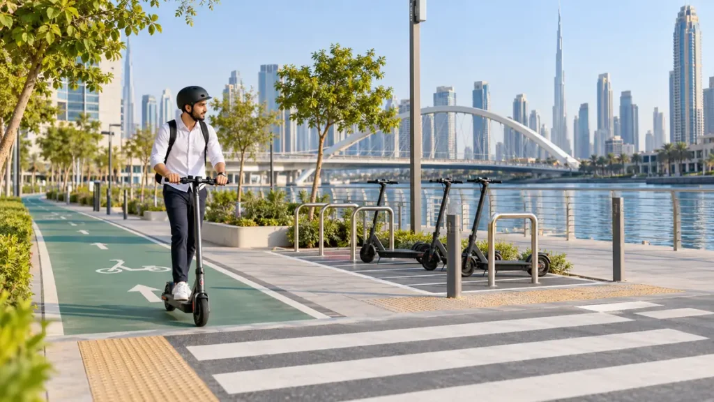 Helmeted rider using a designated Dubai e-scooter track beside an orderly parking bay