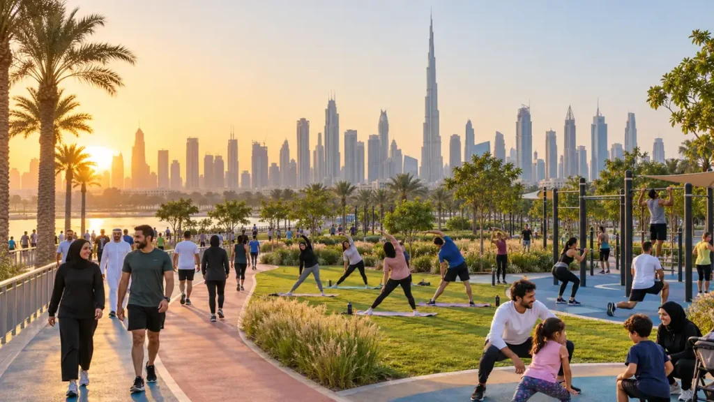 Families exercising at an outdoor Dubai fitness village during sunrise