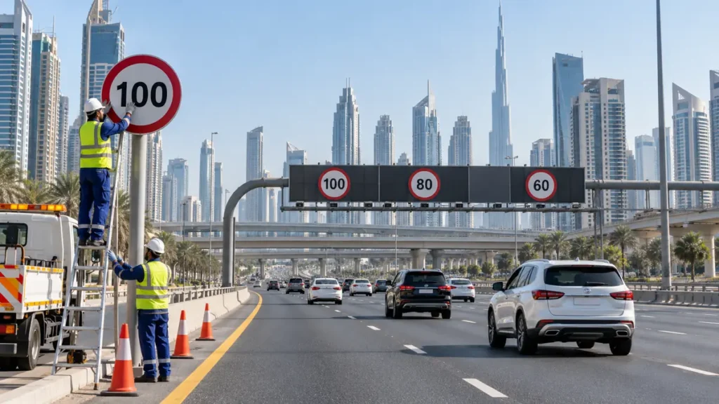 Road crew updating speed-limit signs on a modern multi-lane Dubai road