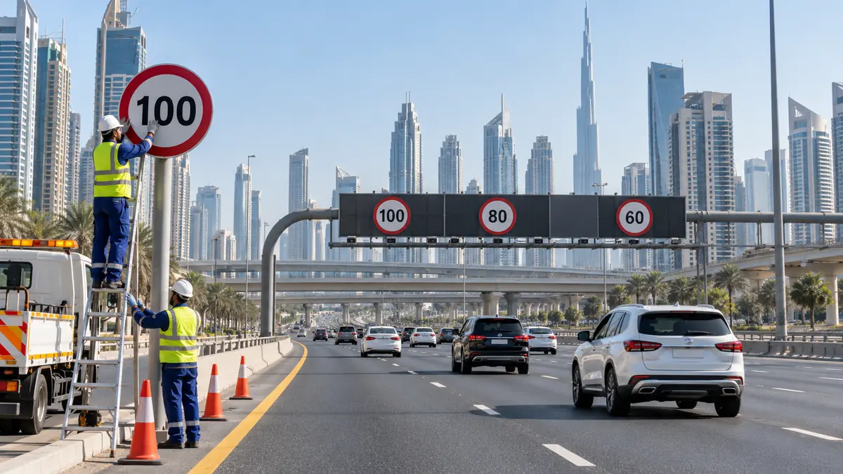 Road crew updating speed-limit signs on a modern multi-lane Dubai road