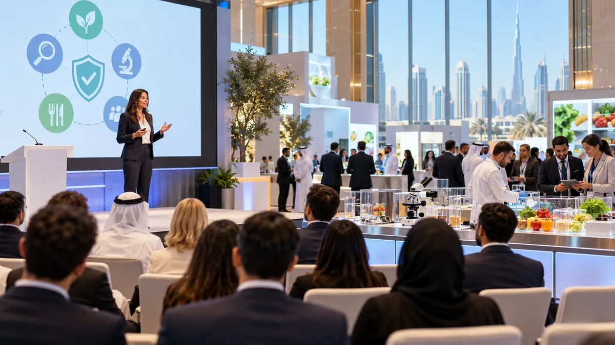 Food safety professional presenting to delegates beside laboratory and produce displays at a Dubai conference