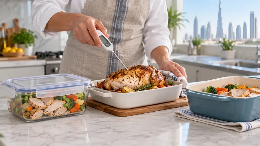 Digital food thermometer checking a cooked dish in a clean Dubai home kitchen