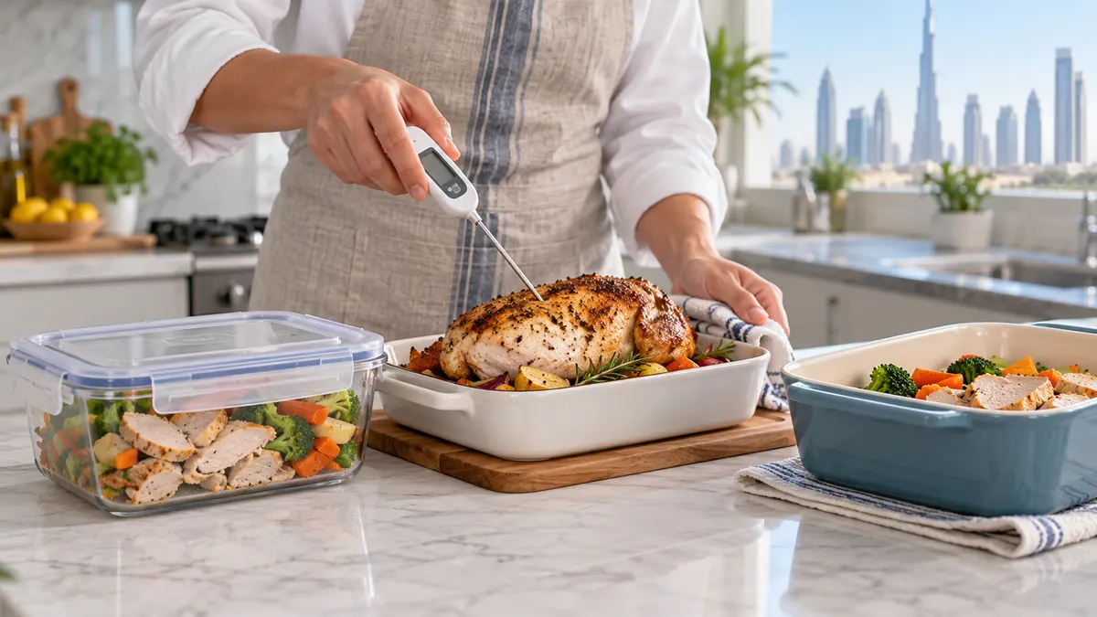 Digital food thermometer checking a cooked dish in a clean Dubai home kitchen