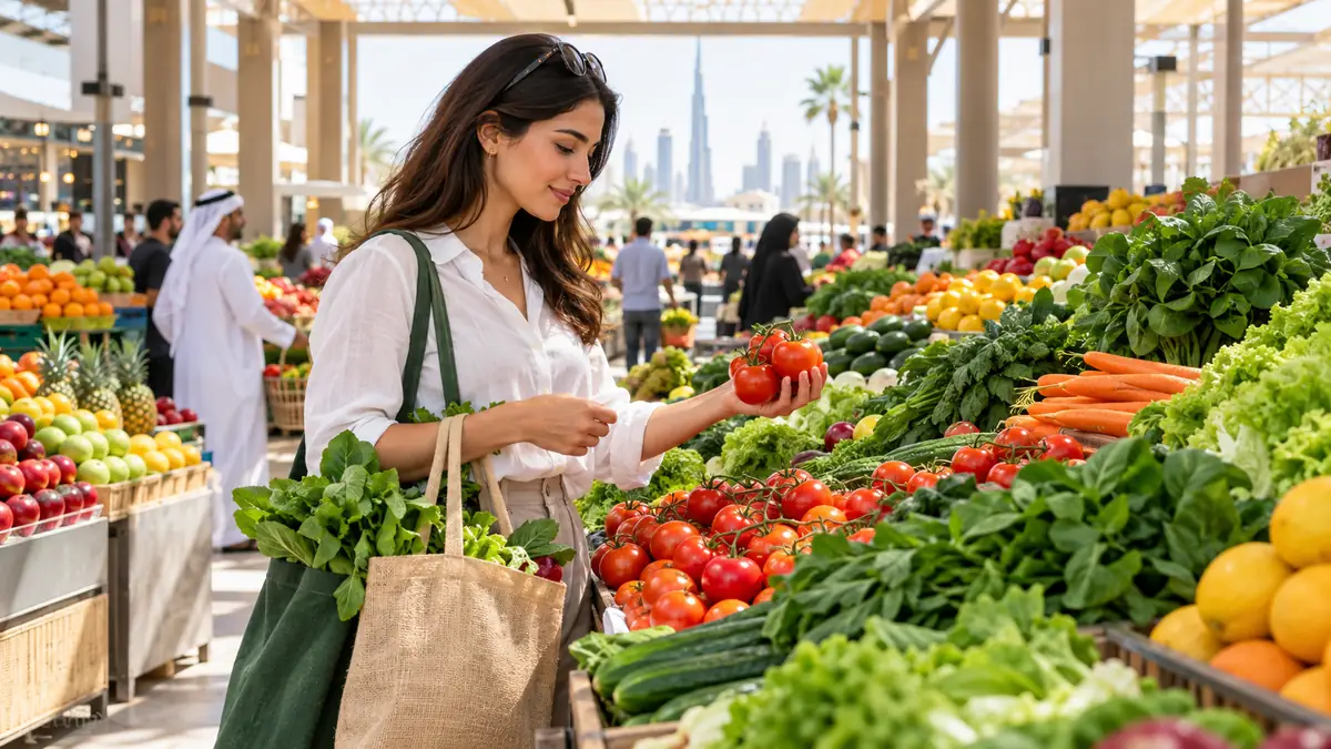 Shopper selecting fresh vegetables and fruit at a bright Dubai produce market