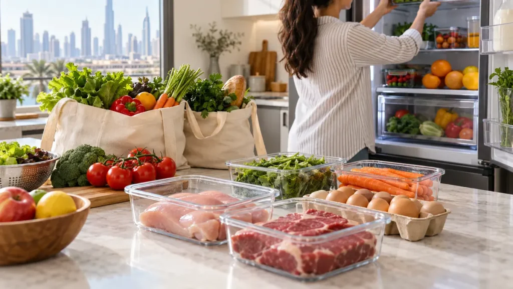 Dubai resident separating fresh produce, chilled food and raw meat while storing groceries at home