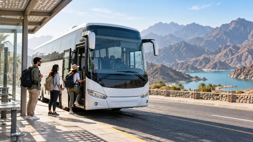 Public coach travelling through the Hatta mountains with day-trip passengers