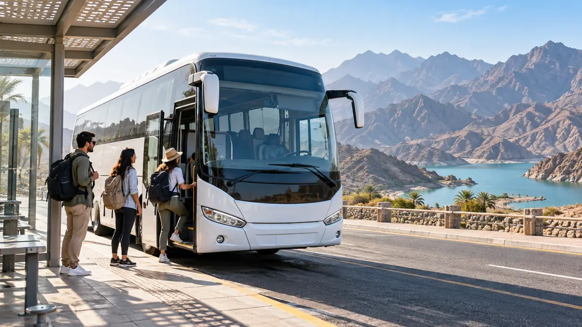 Public coach travelling through the Hatta mountains with day-trip passengers