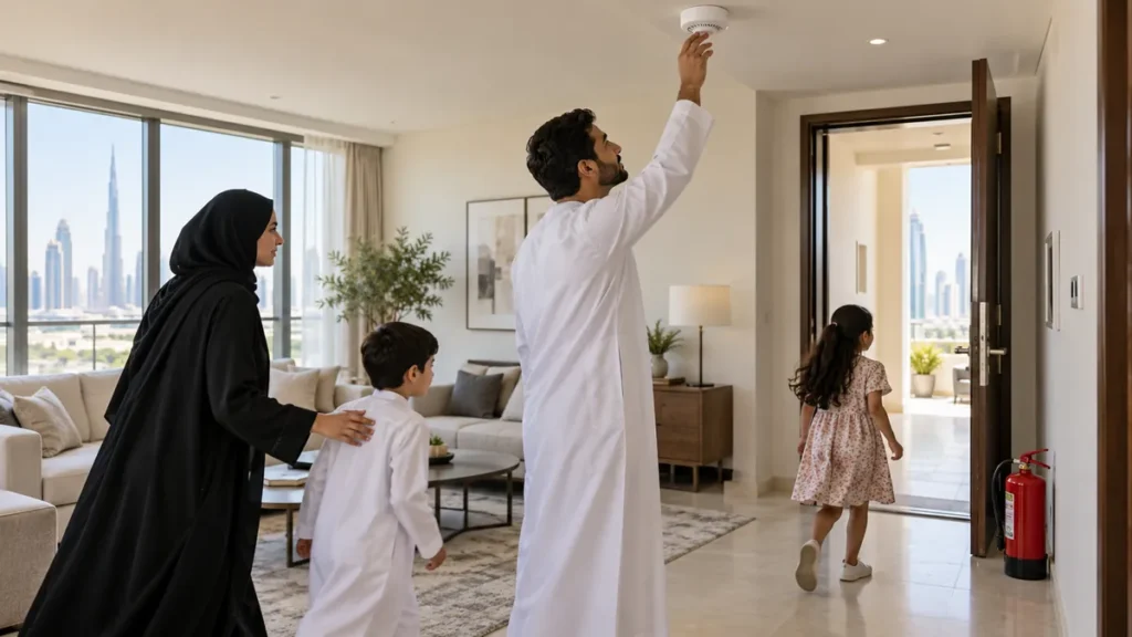 Dubai family practising a calm home fire evacuation plan and checking a smoke alarm