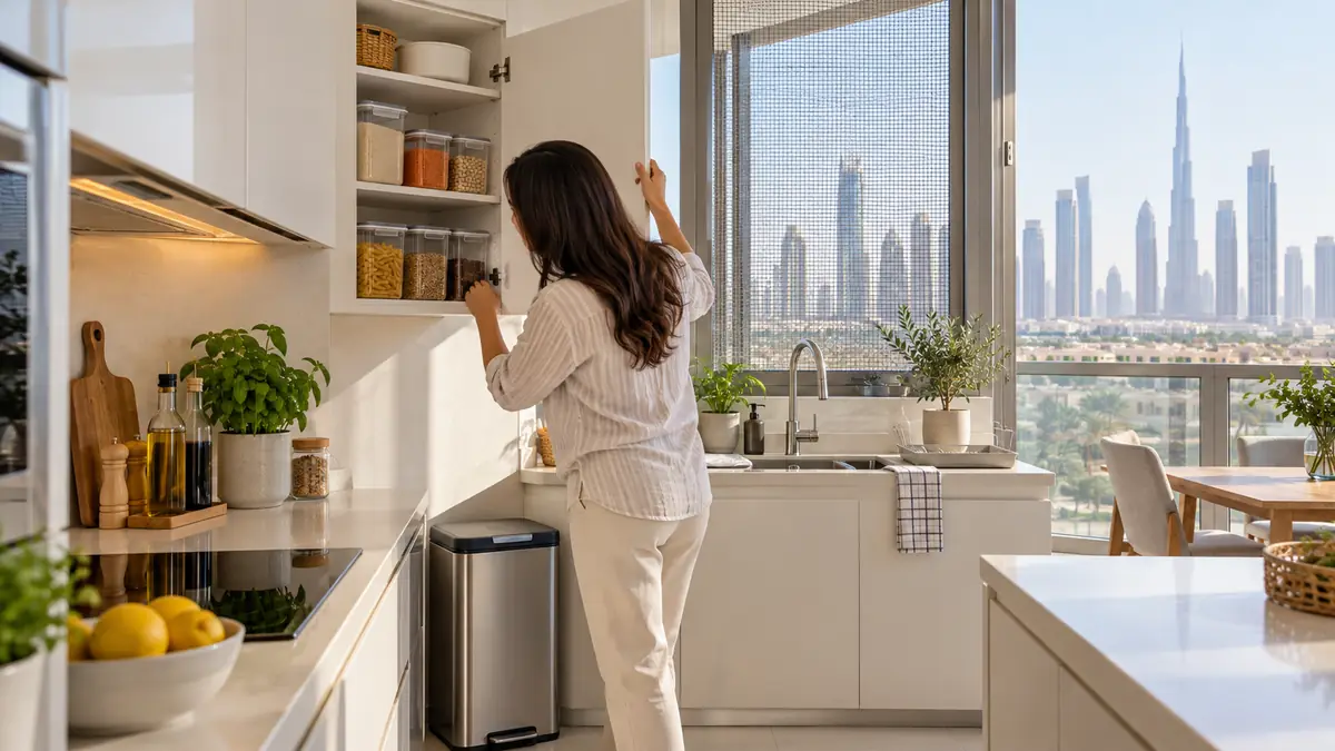 Resident checking sealed dry-food containers in a clean pest-protected Dubai kitchen