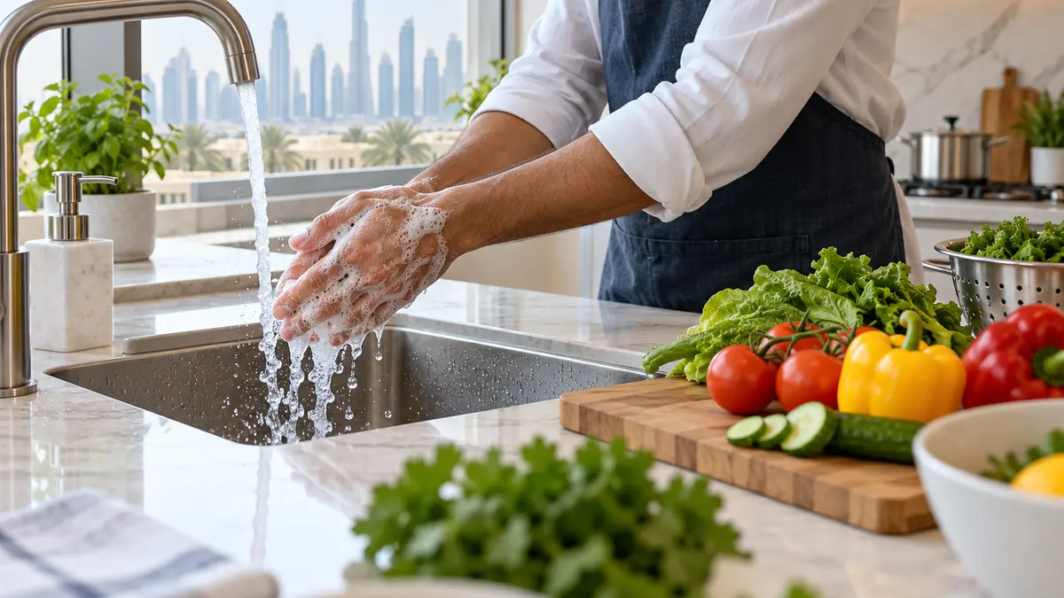 Person washing hands with soap beside fresh vegetables in a clean Dubai kitchen