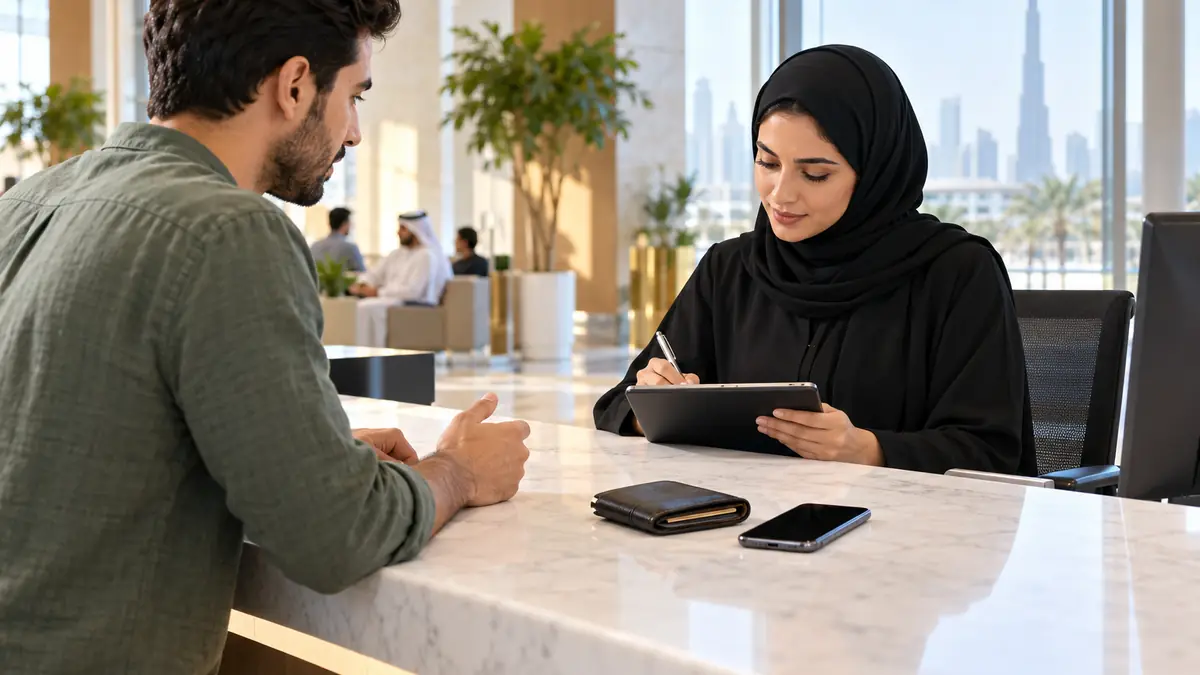 Dubai resident reporting a lost wallet and phone at a public-service help desk