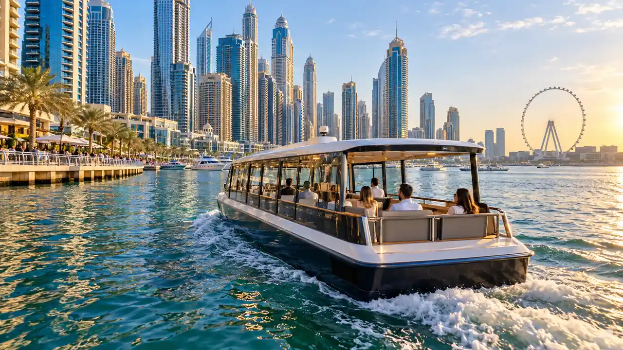 Dubai marine transport water taxi carrying passengers through Dubai Marina toward Bluewaters