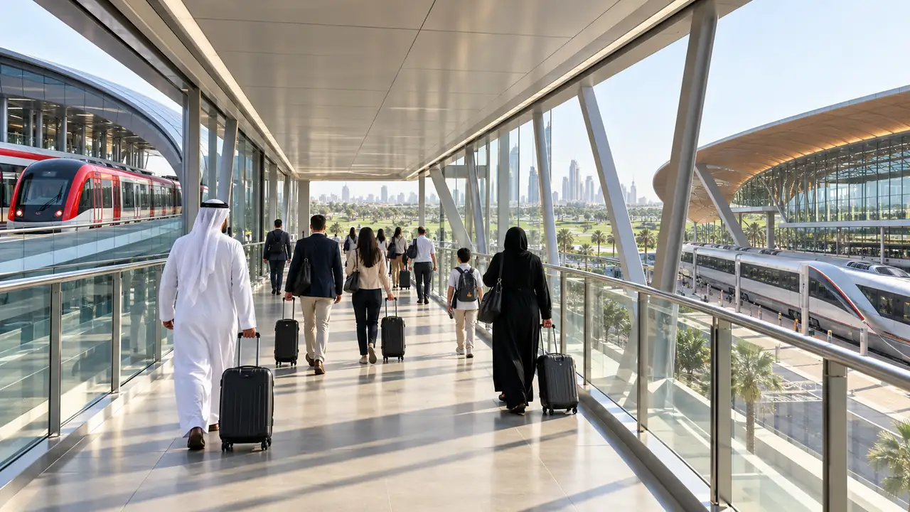 Travellers using a covered pedestrian bridge between Dubai Metro and Etihad Rail stations