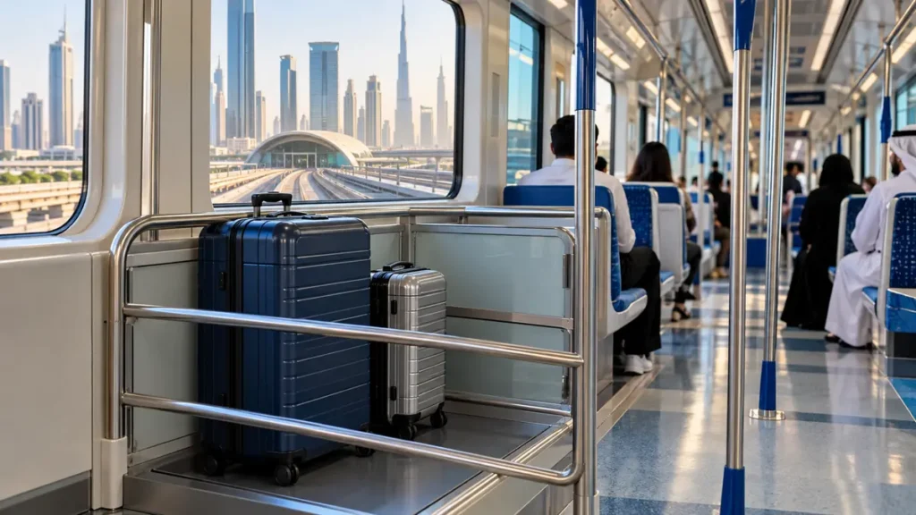 One large and one small suitcase stored in the luggage area of a Dubai Metro carriage