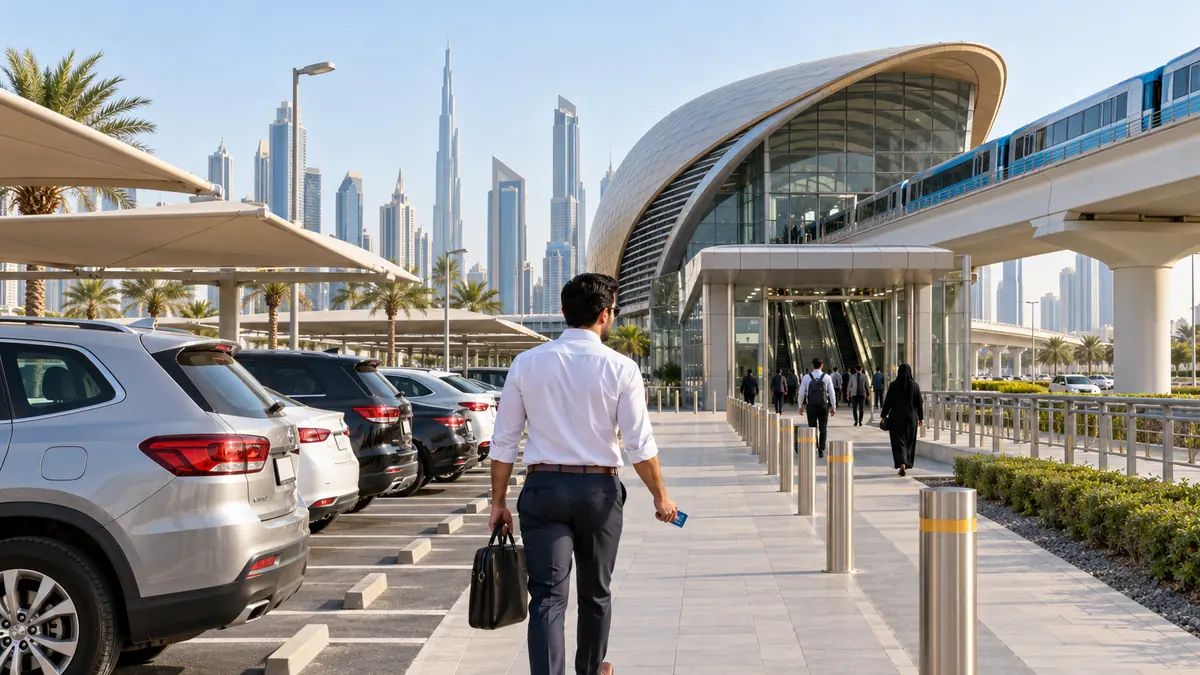 Dubai commuter walking from a park and ride car park toward a Metro station
