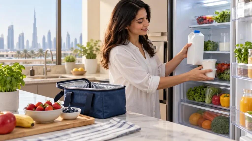 Milk and yoghurt being stored safely in a clean Dubai home refrigerator
