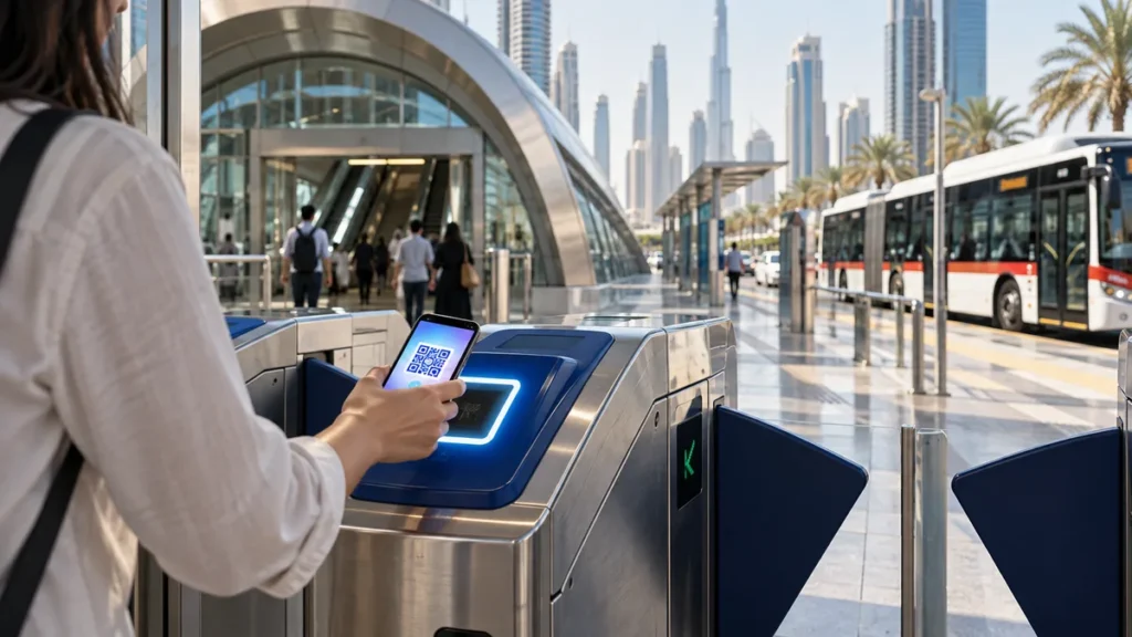 Passenger scanning a digital QR ticket from a smartphone at a Dubai public transport gate