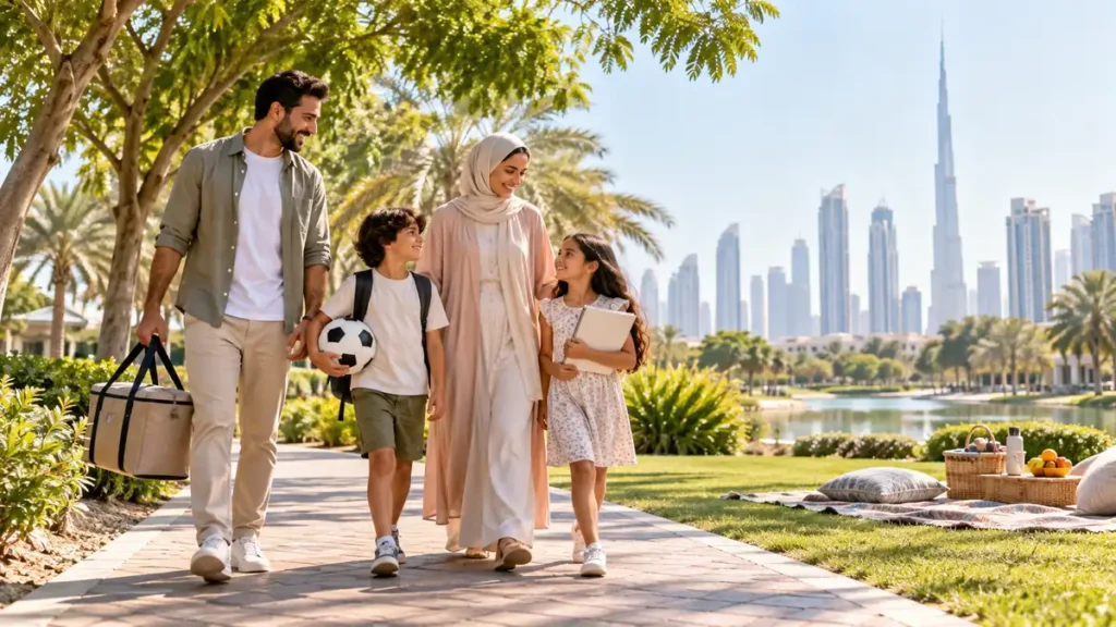 Family walking through a Dubai park with picnic supplies and children’s activities during the October school break