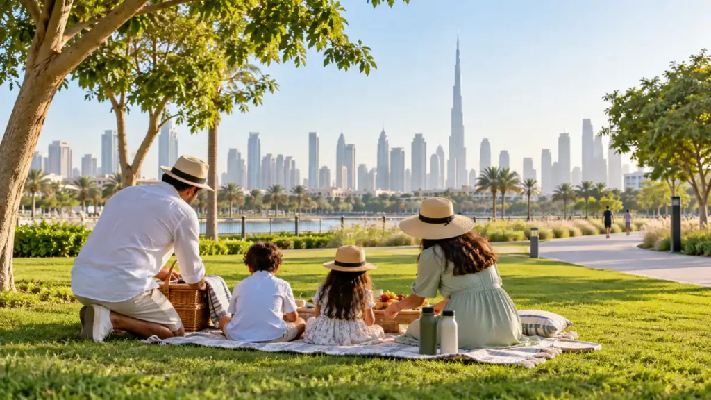 Family picnic setup in a green Dubai park during the cooler October outdoor season
