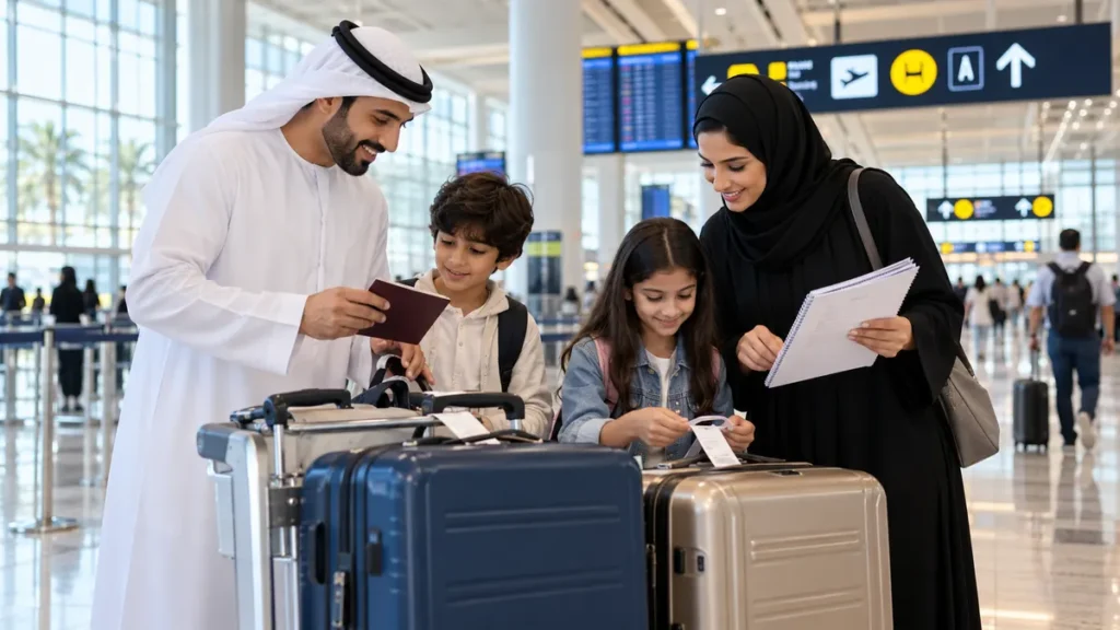 Dubai family checking passports luggage tags and a travel checklist in an airport terminal